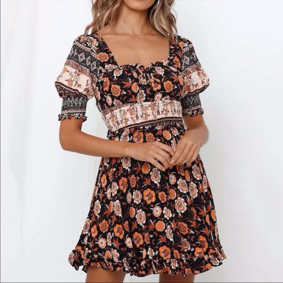 Dresses & Skirts - Milkmaid Puff Sleeve Boho Floral Print Dress Black